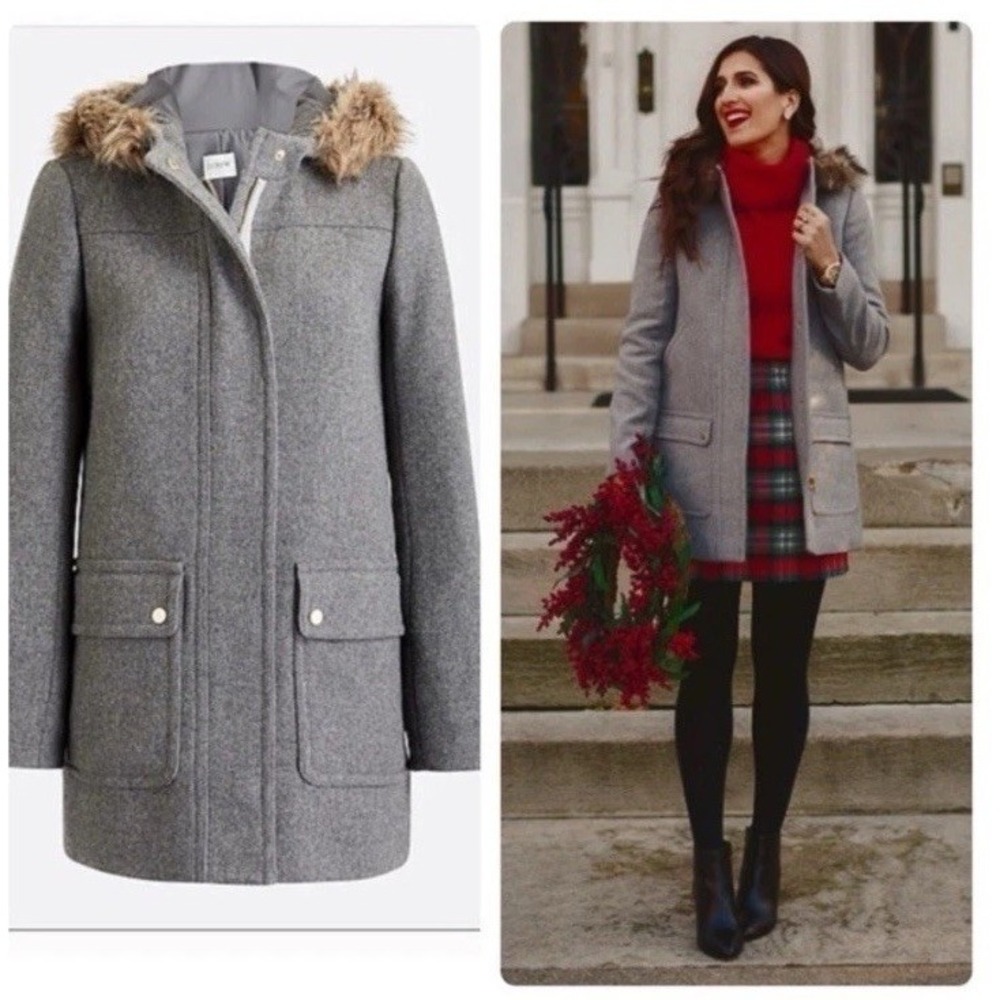 J.CREW Size 00 Women's Wool Blend Coat Vail Parka With Fur Trim Hood Light Gray
